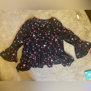 Long sleeve blouse. Black with pink flowers. Great condition.